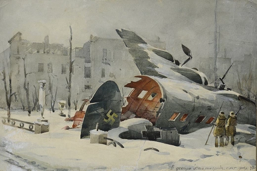 Сбитый немецкий самолет в центре Сталинграда