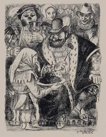 Карлик Нос подает герцогу паштет «сузерен» Иллюстрация к сказке В. Гауфа «Карлик Нос». 1937