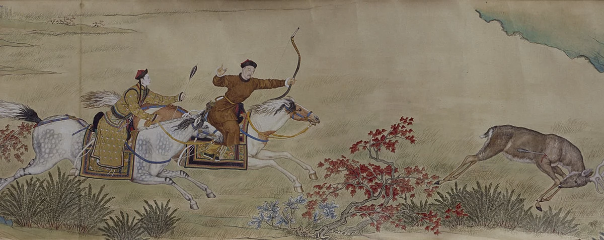 Император Цяньлун и его наложница преследуют оленя на охоте. Фрагмент. Середина 1700-х